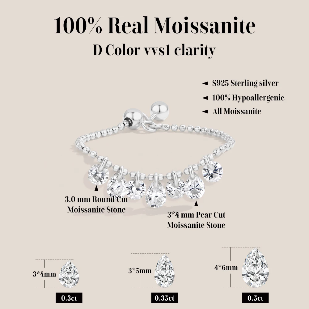 CHARMING Trendy Pierced D VVS1 Moissanite Ring Extension Beads S925 Silver for Women Party Daily Jewelry Gifts Wedding Wholesale