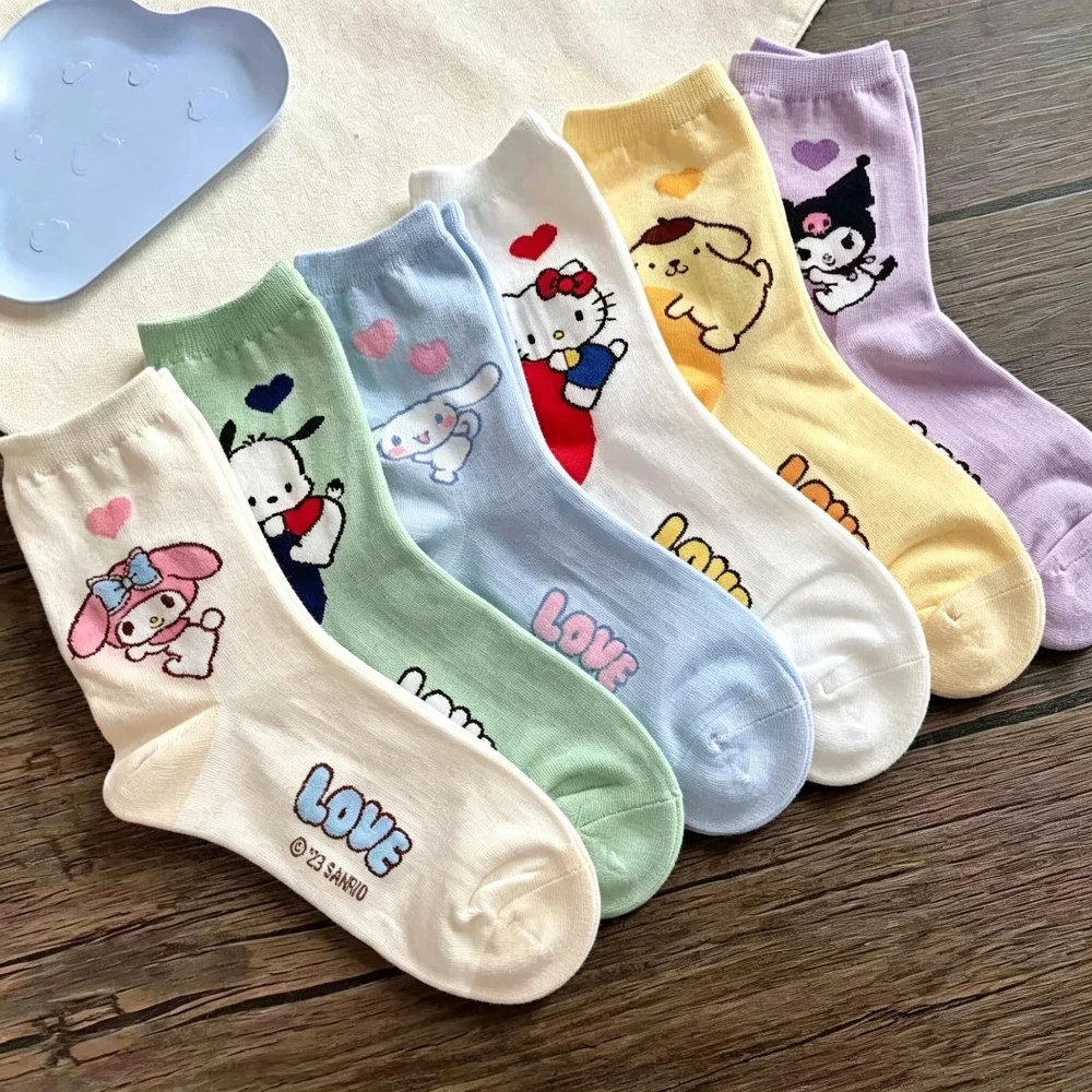 6 Paar neue japanische süße Cartoon-Damen-Mittellange Socken, koreanische Version, personalisierte Farbe, kleine Herzchen, Dopamin-Freizeitsocken – Detail 1