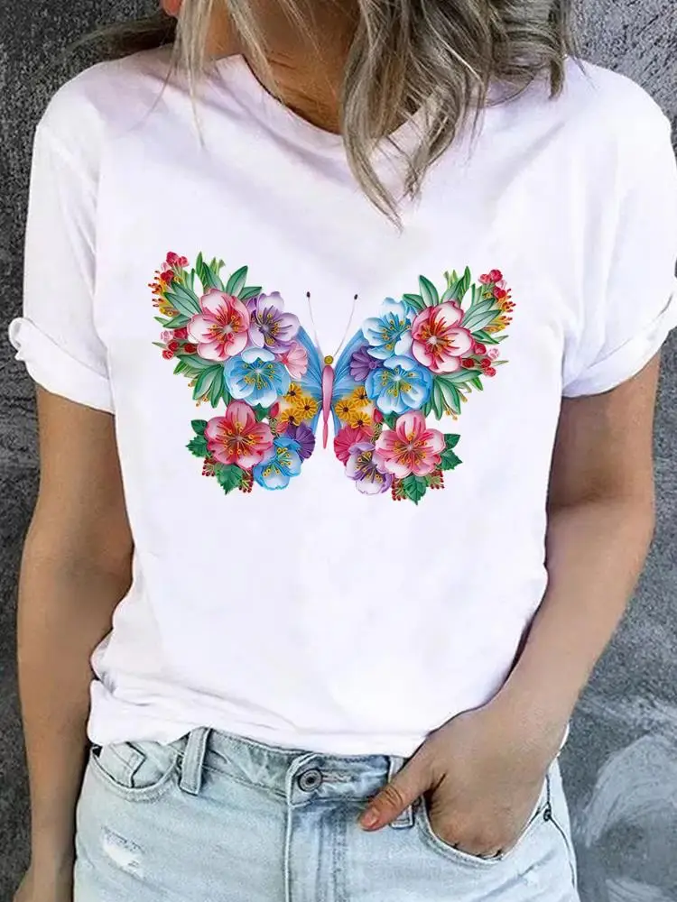 Senhoras populares casuais mulheres gráfico t manga curta camisetas borboleta tendência roupas bonitos roupas de moda impressão o-pescoço camisetas