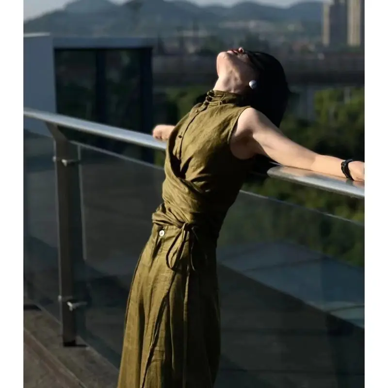 2024 Summer Design Sense Fashion Set New Chinese Style Chinese Style Pan Button Green Vest Wide Leg Pants Two Piece Set