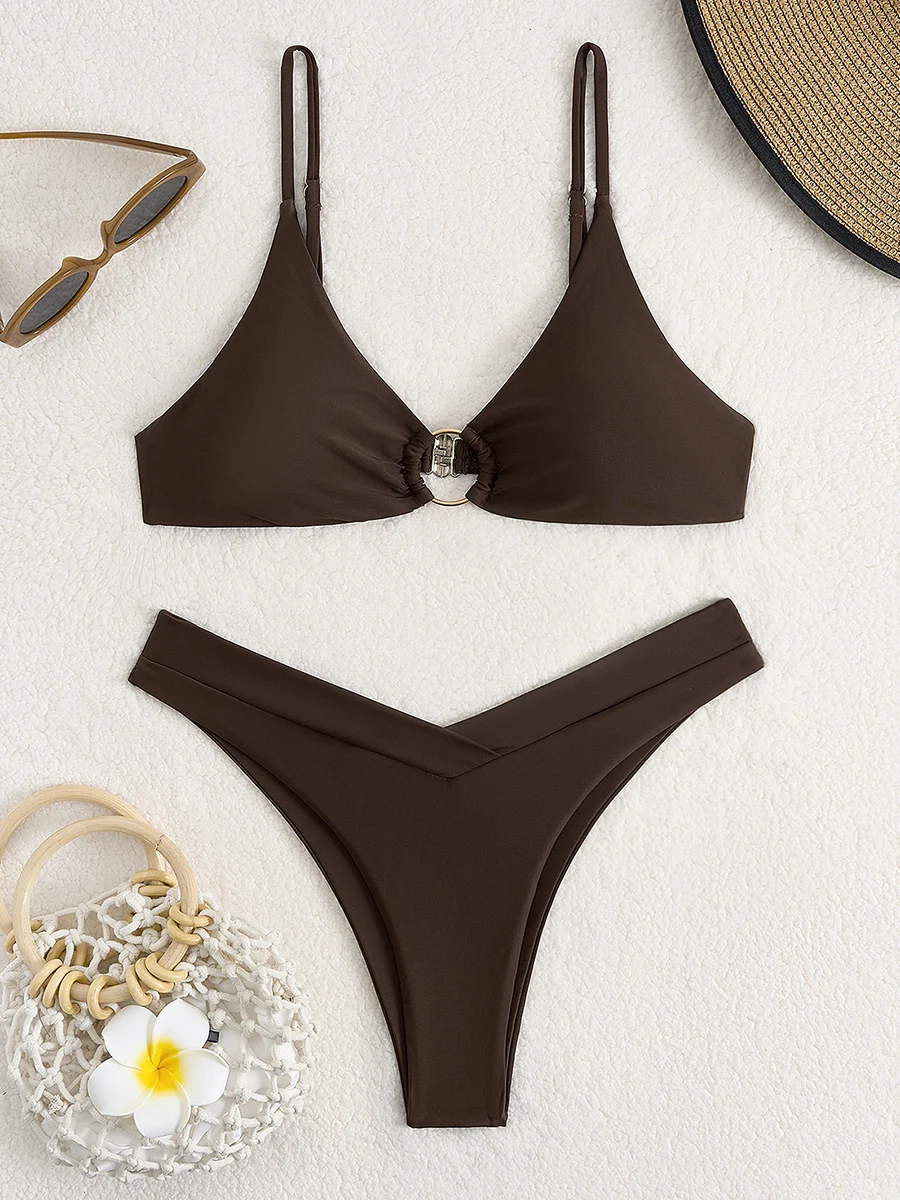 مثير بيكيني 2025 النساء حلقة ربط ملابس السباحة الإناث عالية قطع ملابس السباحة الصلبة السباحون السباحة الاستحمام لباس سباحة الصيف بحر