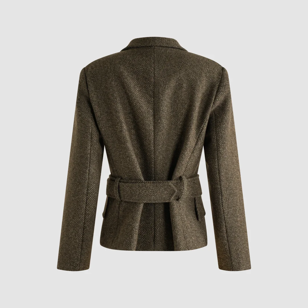 2026 Women's Vintage Herringbone Wool Blend Jacket Olive Green Belted Blazer Retro Hunting Style Coat with Gold Buckle