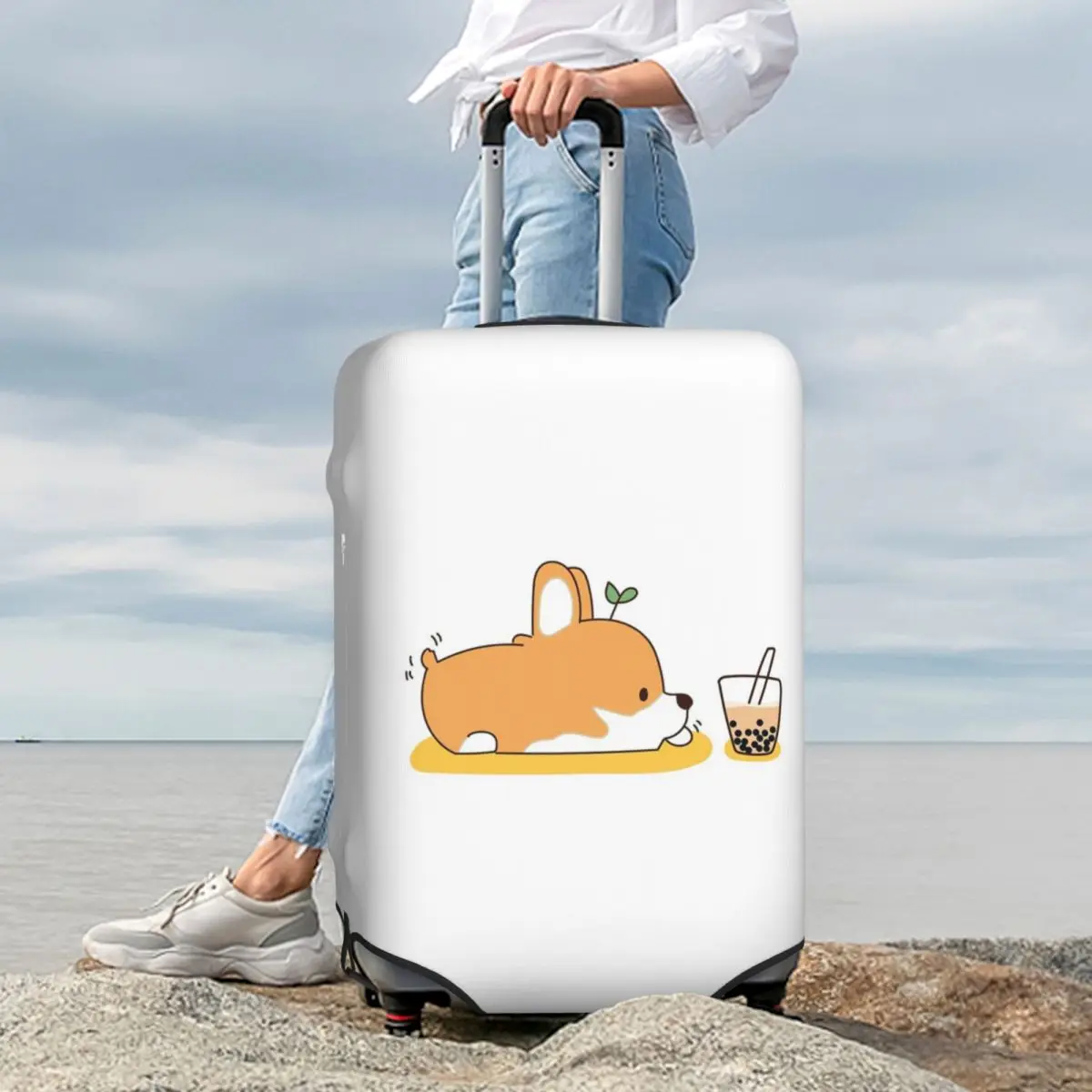 Corgi And Bubble Tea Suitcase Cover Protection Elastic Trip Luggage Protector Covers for 18-32 Inch