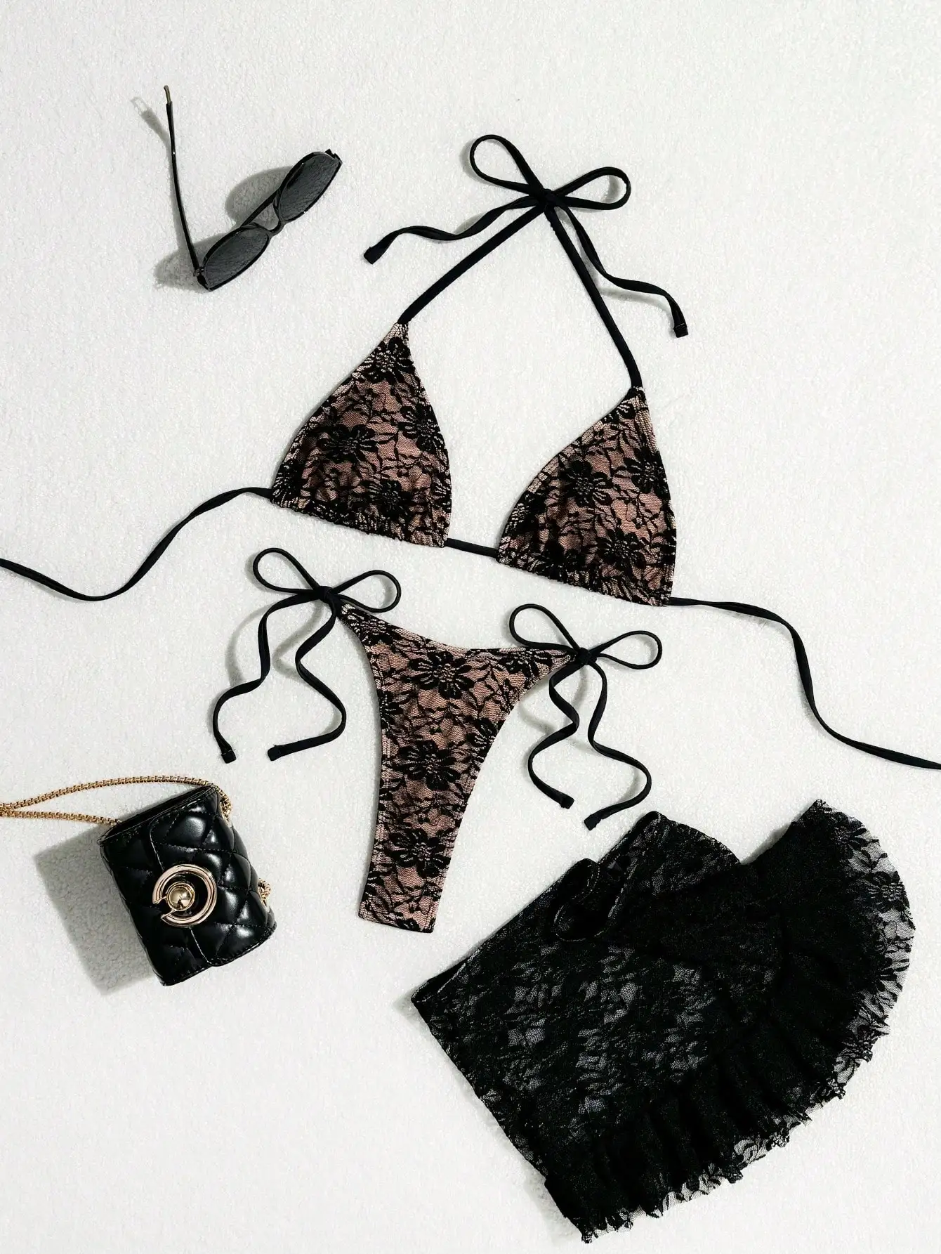 

Black Lace 3-Piece Swimwear Set: Triangle Top, G-String, And Ruffled Mini Skirt For Summer Vacay