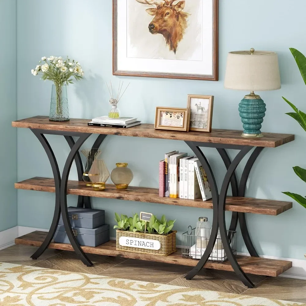 70.8 Inch Narrow Console Table, Long Sofa Table Entry Table with 3 Tier Storage Shelves for Entryway Hallway Living Room