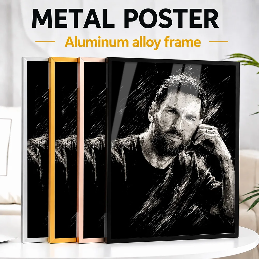 Lionel Messi Style Portrait Metal Poster With Aluminum Alloy Frame Customized Charcoal Wall Art For Clubhouse Reception Area