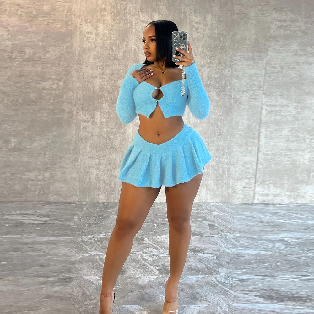 Women Outfits Sexy Fuzzy Outfit Solid Color Long Sleeve Cropped Top And Mini Pleated Skirt Matching Set Women Two Piece Set