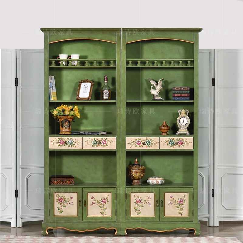 

American rural solid wood bookcase painted retro study storage bookshelf display wine cabinet vertical file storage side cabinet