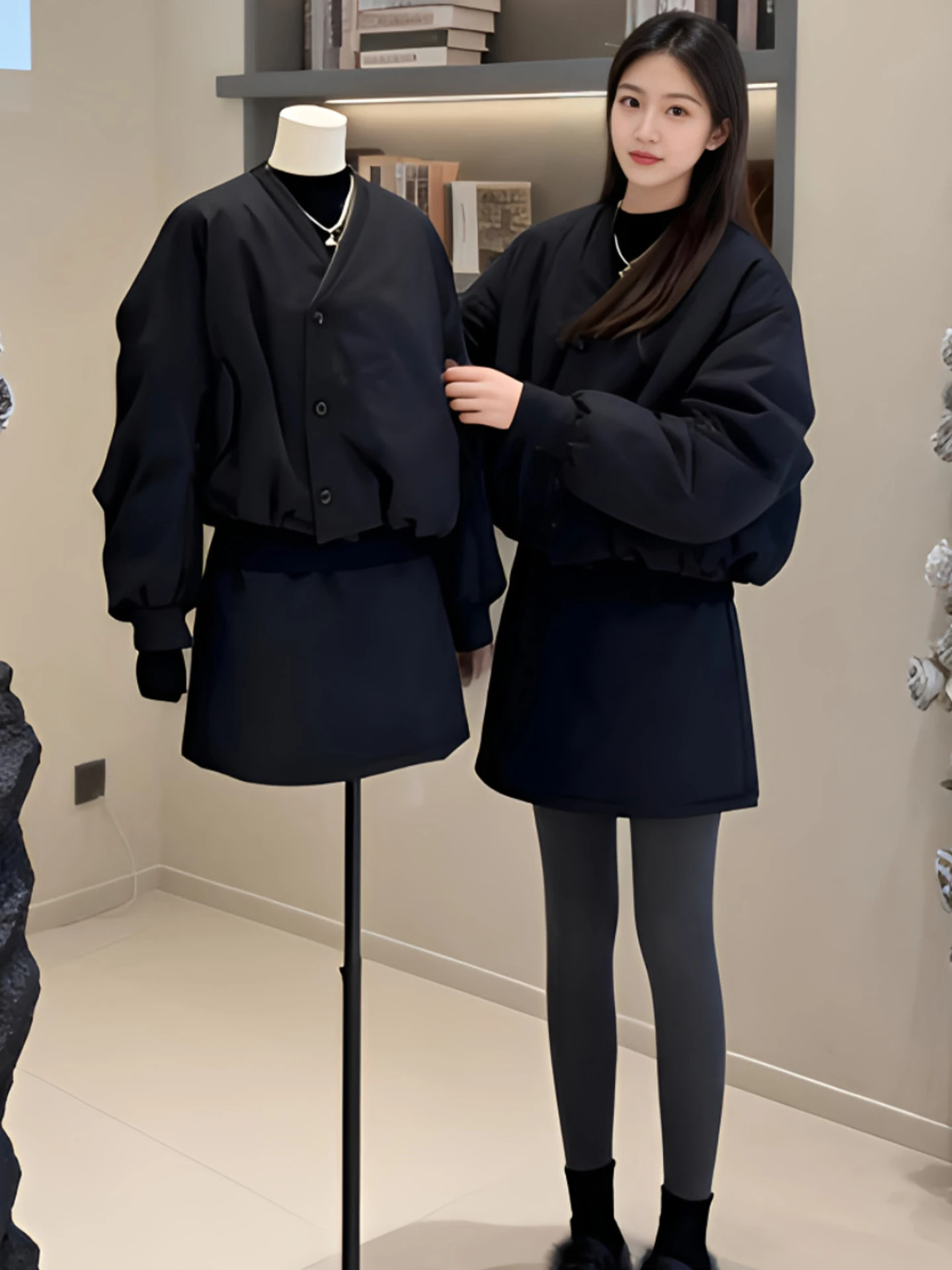 

Chic Winter Cotton Jacket High Waist Skirt Two Piece Set Stylish Warm Short Coat Trendy Ensemble for Women