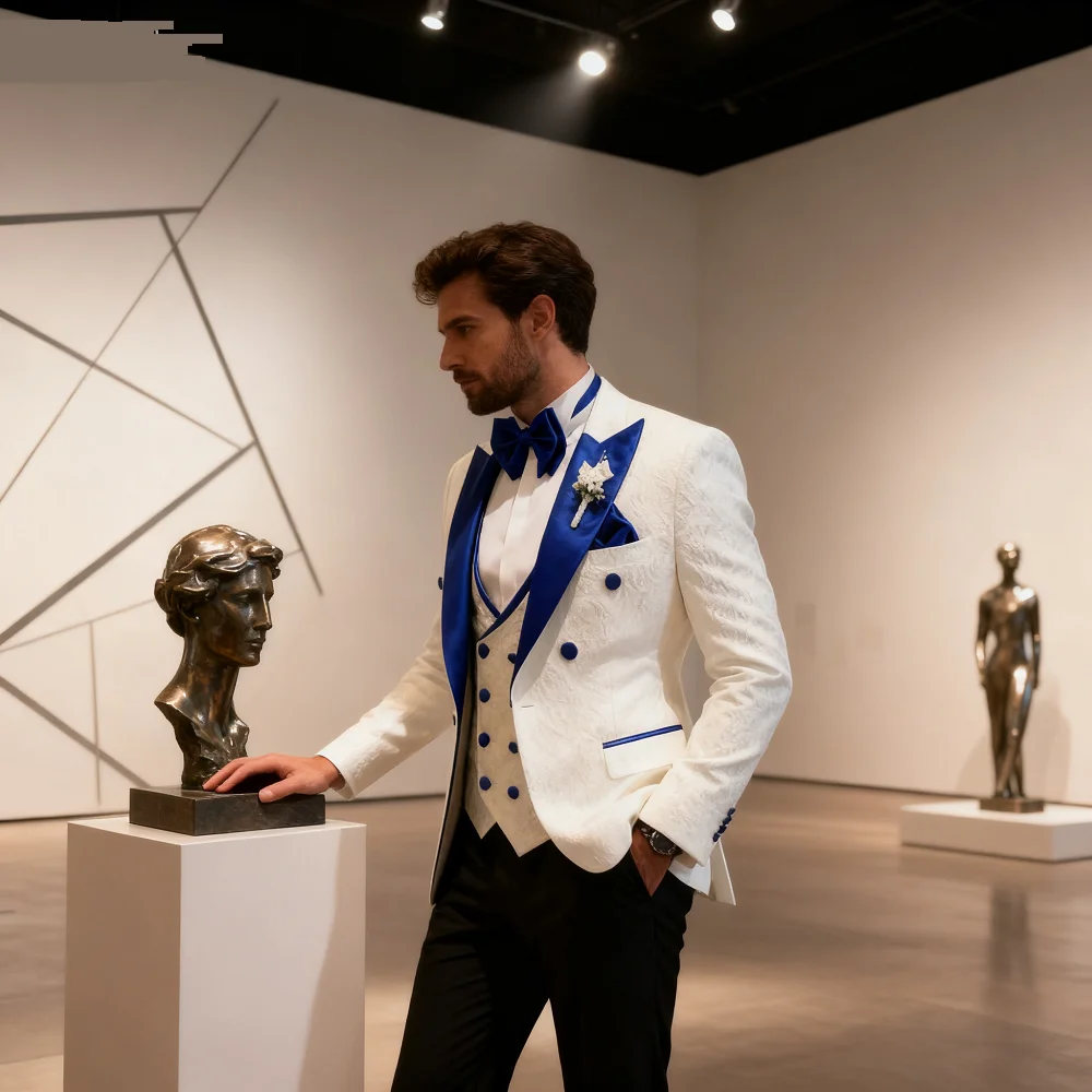 

Men's Floral Wedding Tuxedo 3-Piece Set Double Breasted Jacket with Vest Peak Lapel Groom's Fashion Suit Male Wedding Attire