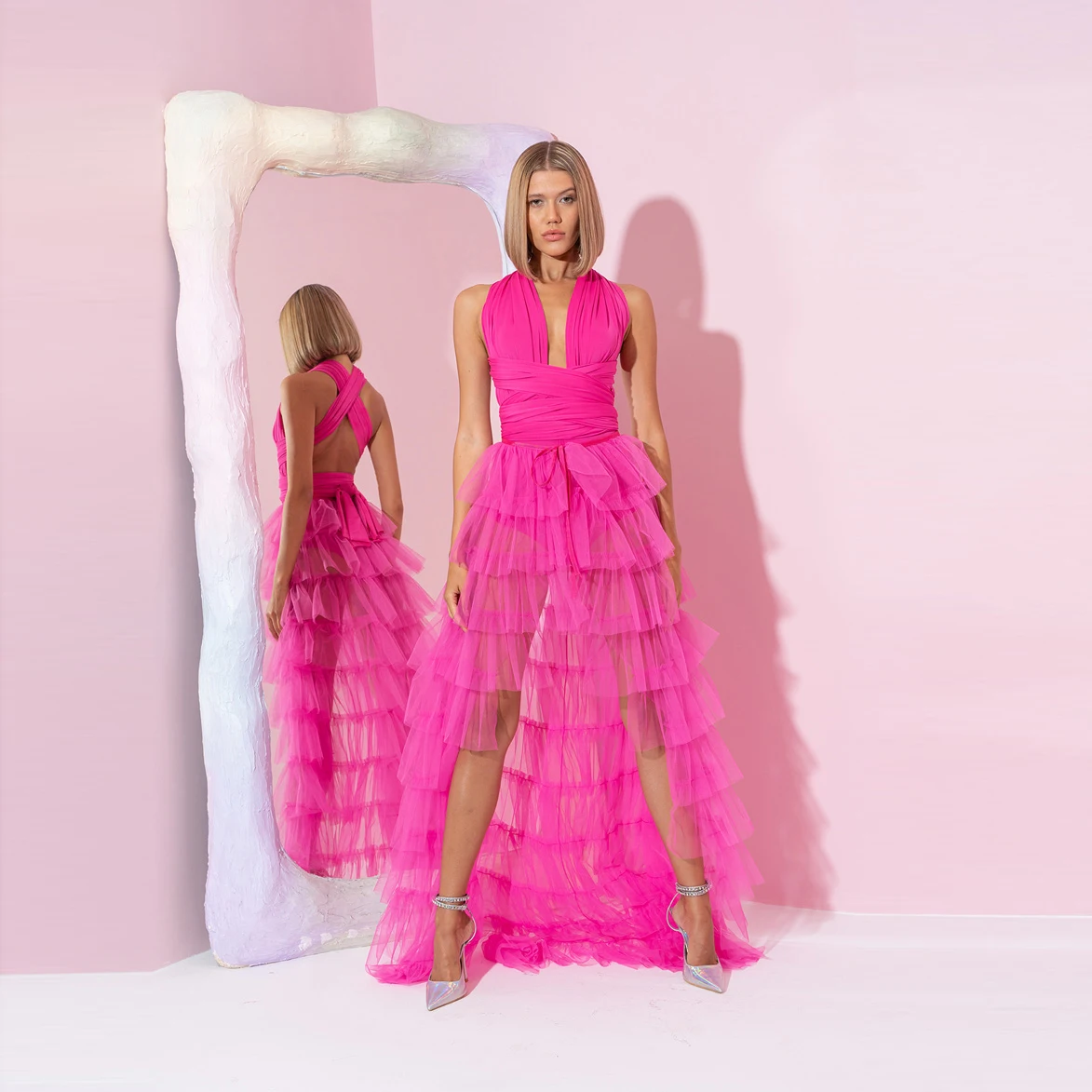 

See Thru Hot Pink Tiered Tulle Skirts Women Fuchsia High Low Tulle Skirt Illusion Women Detachable Train Maxi Skirt