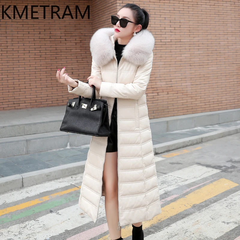 KMETRAM-abrigos largos de Invierno para mujer, ropa de piel de oveja, chaquetas de plumón de pato blanco, Cuello de piel de zorro, Casaco femenino