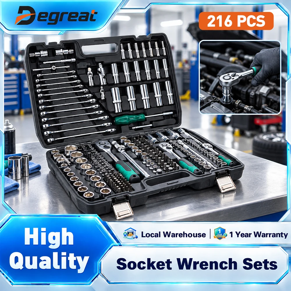 Degreat 216-teiliges Mechaniker-Werkzeugset mit 1/4', 3/8' und 1/2' Steckschlüsseln sowie einem 24-Zahn-Ratschenschlüssel für die Reparatur von Autos und Motorrädern sowie den Hausgebrauch