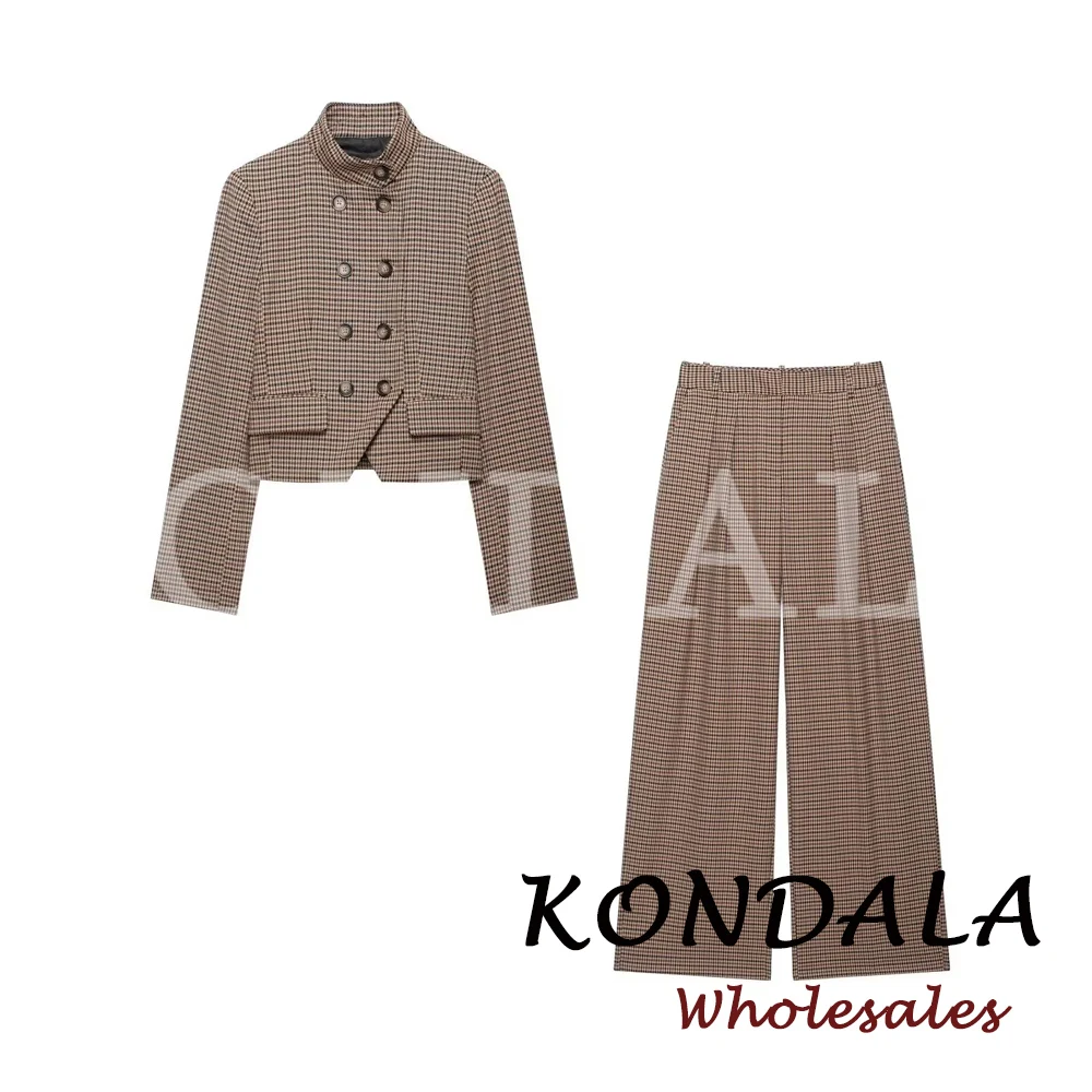 KONDALA Chic 2026 Women Plaid Office Lady Suit Double Breasted Commute Blazer + Wide Leg Long Pants Female Modern Elegant Set
