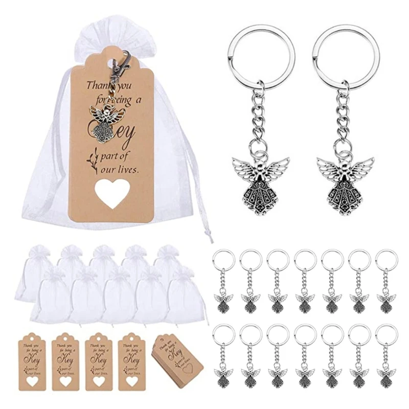 Angel Pendant Keychain Christening Gift Keyring with Thank You Kraft Pendant Bag