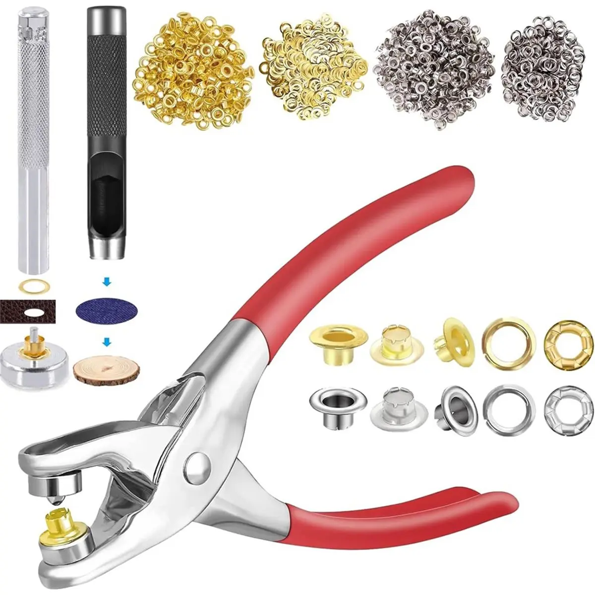 AT33 Eyelets Grommet Tool Kit, 1205 Pieces, 1/4 Inch Gold and Silver Eyelets with Washers,for Leather, Belt, Shoes, Crafts