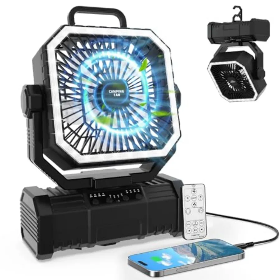 20000mAh Portable Camping Fans, Rechargeable Battery-Operated Oscillating Tent Fan with 4 Speeds, LED lights and 360° Rotation