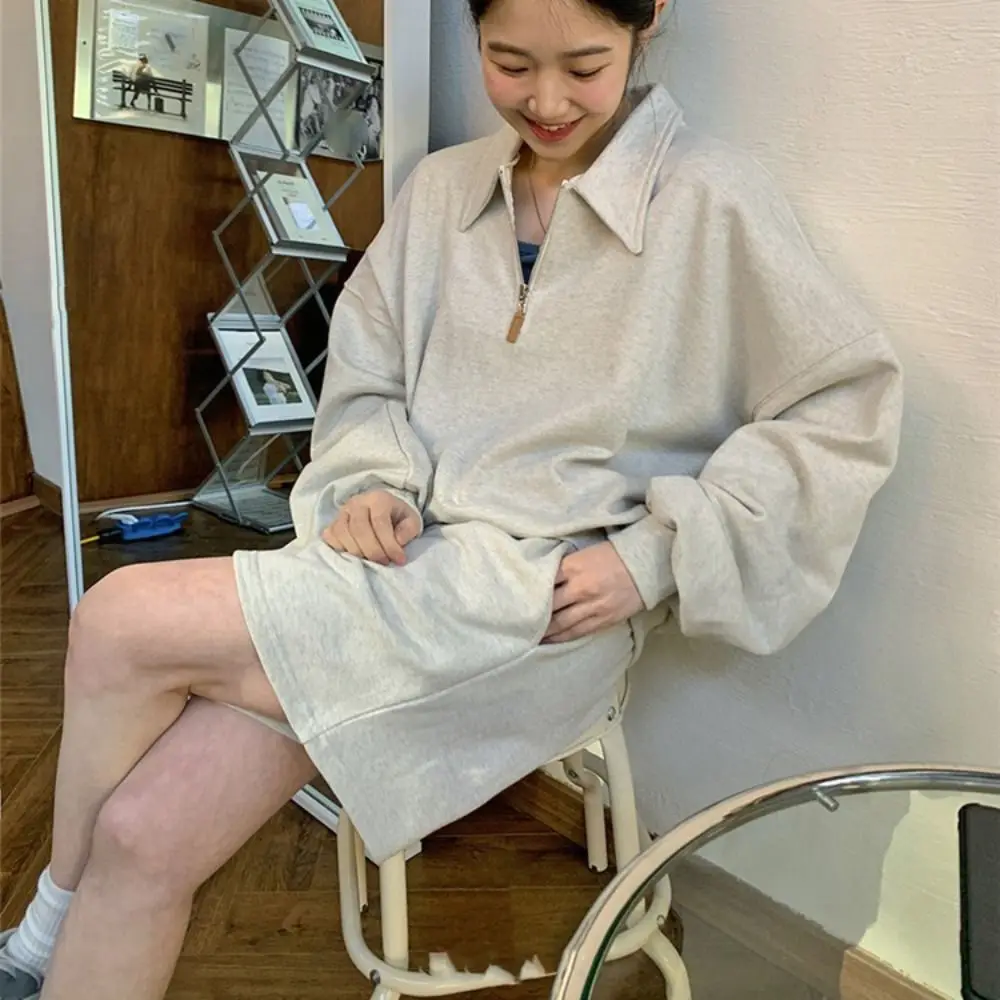 Prosta bluza damska z długim rękawem, półgolfem, zamkiem błyskawicznym, w stylu koreańskim, luźna odzież na jesień/zimę.