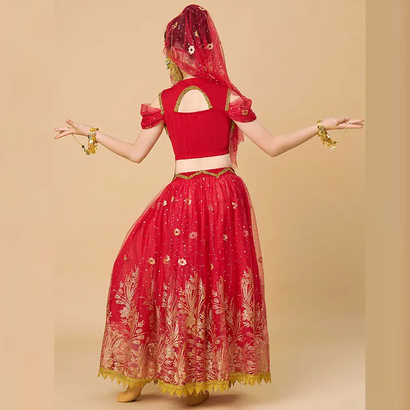 Dziecięcy festiwal księżniczek Cosplay taniec brzucha Top zestaw sukienek indyjskie arabskie sari dziewczyny jaśminowy kostium Bollywood dziecko Rave strój