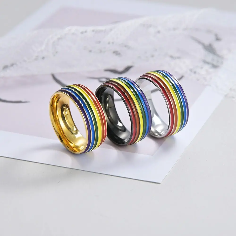 Stainless Steel Multicolour Rainbow Rings Rainbow Stripe Wide Flat Unisex Couple Rings Thick Comfort fit Finger Knuckle Bands