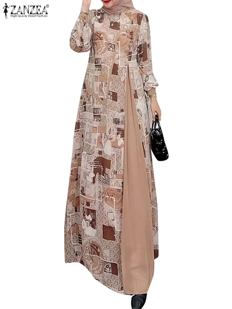 ZANZEA Vintage Summer Muslim Dress Islamic Clothing Marocain Eid Mubarek Vestido Women Casual Long Sleeve Patchwork Sundress