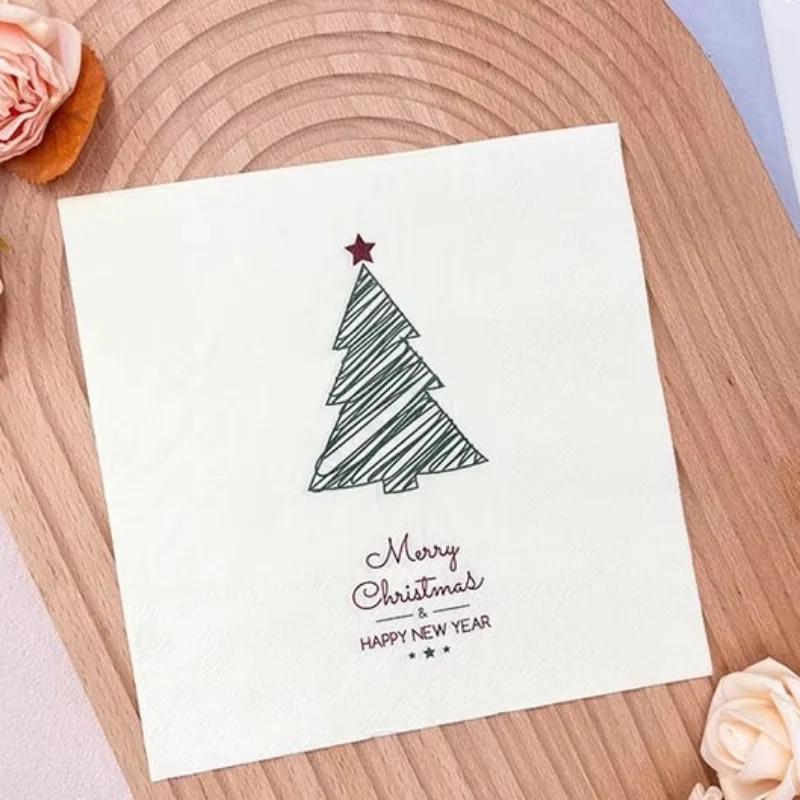 10/20pcs 33cm 2Layer New Christmas Element Napkins Simple Pencil Drawing Christmas Tree White Tissue DIY Decoupage Paper