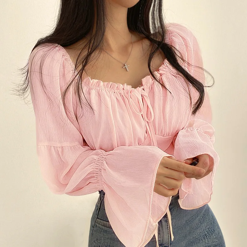 

2025 European and American 's Fashion Top Spring Summer Flared Sleeve Waist Tie Women's Shirt PG2697