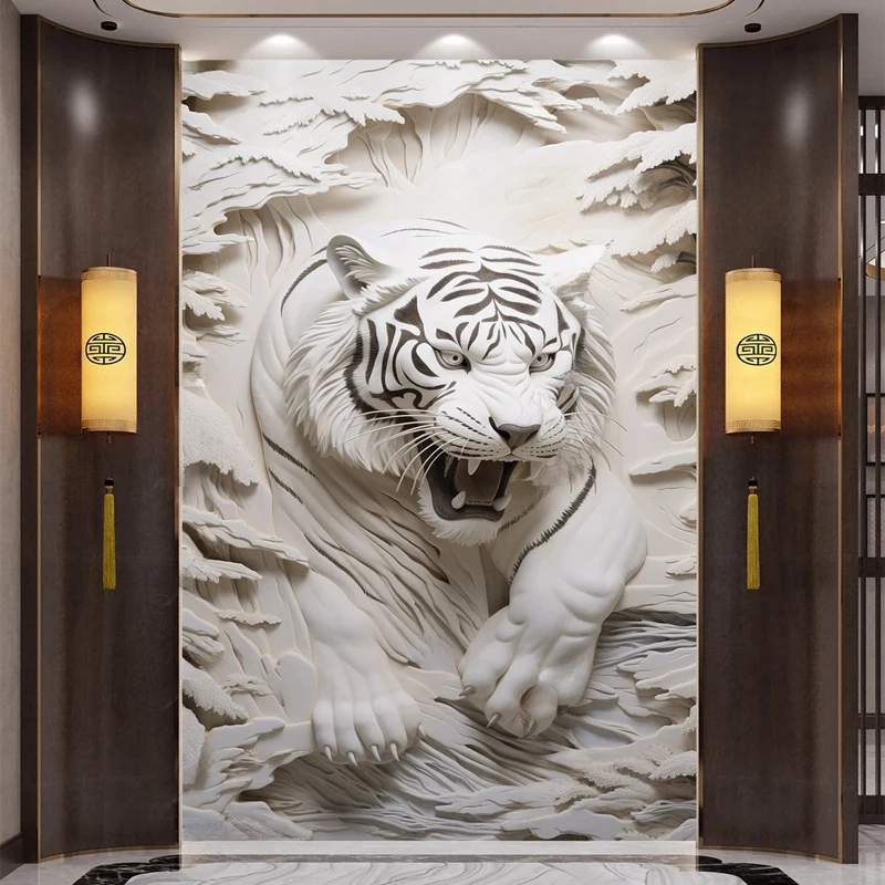 

Custom Large Size 3D Embossed Fierce White Tiger Wallpaper for Living Room Entrance Corridor Wall Mural Modern Art Home Decor