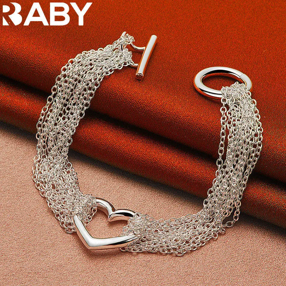 

URBABY 925 Sterling Silver Heart Multi Chain Circular Buckle Bracelet For Women's Fashion Parties Valentine's Day Gifts
