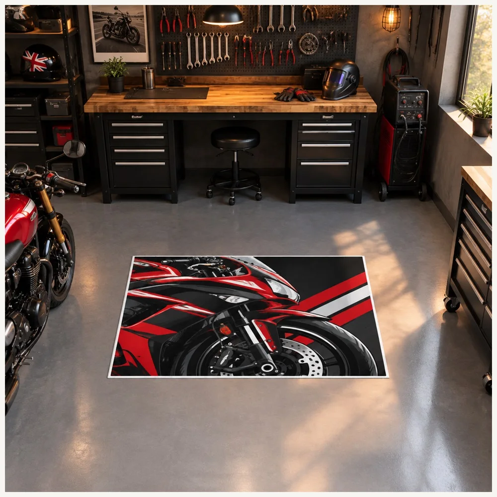 VIKAMA Racing Track Black Red Cruiser Motorcycle Flannel Door Mat, Non-Slip Washable Door Mat, Garage Decor for Home, Entryway