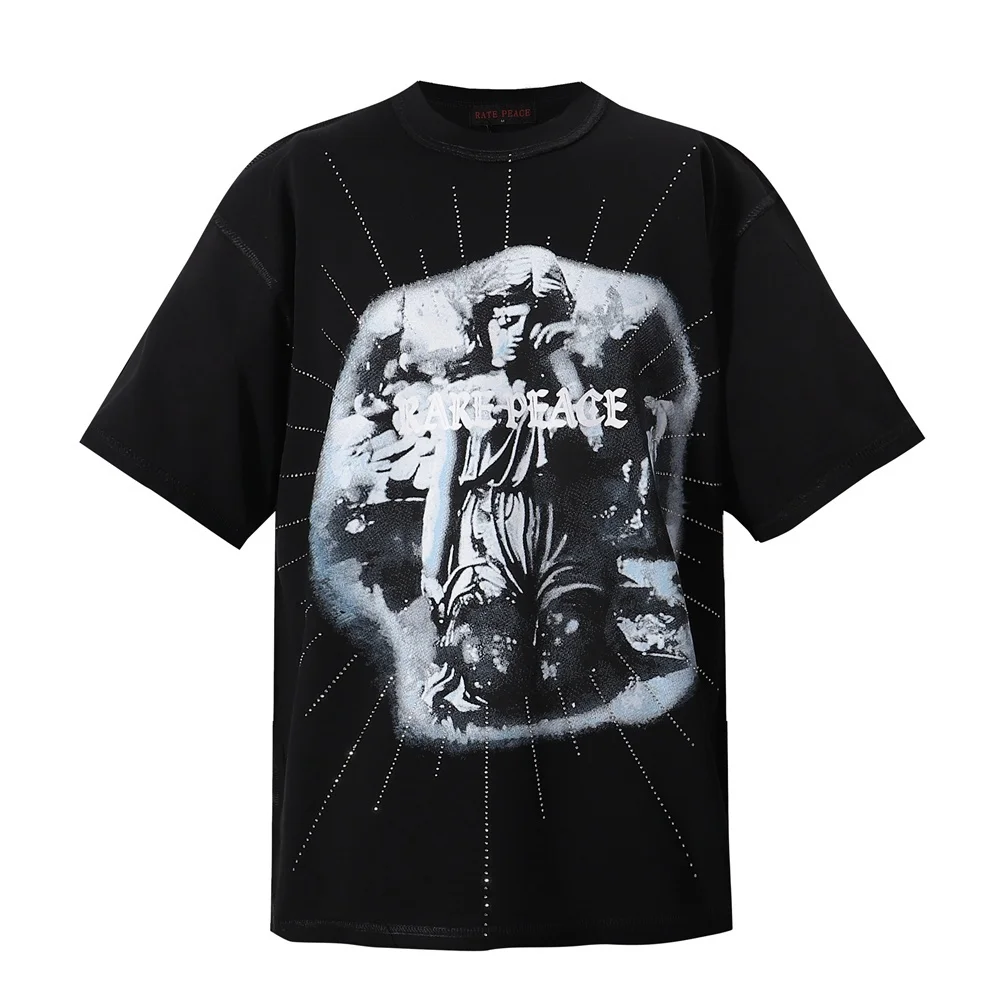 

Streetwear Y2k Black Rhinestone Angel Print T-shirt Gothic Graphic Tee Vintage Washed Short Sleeve Cotton Casual Man Clothes