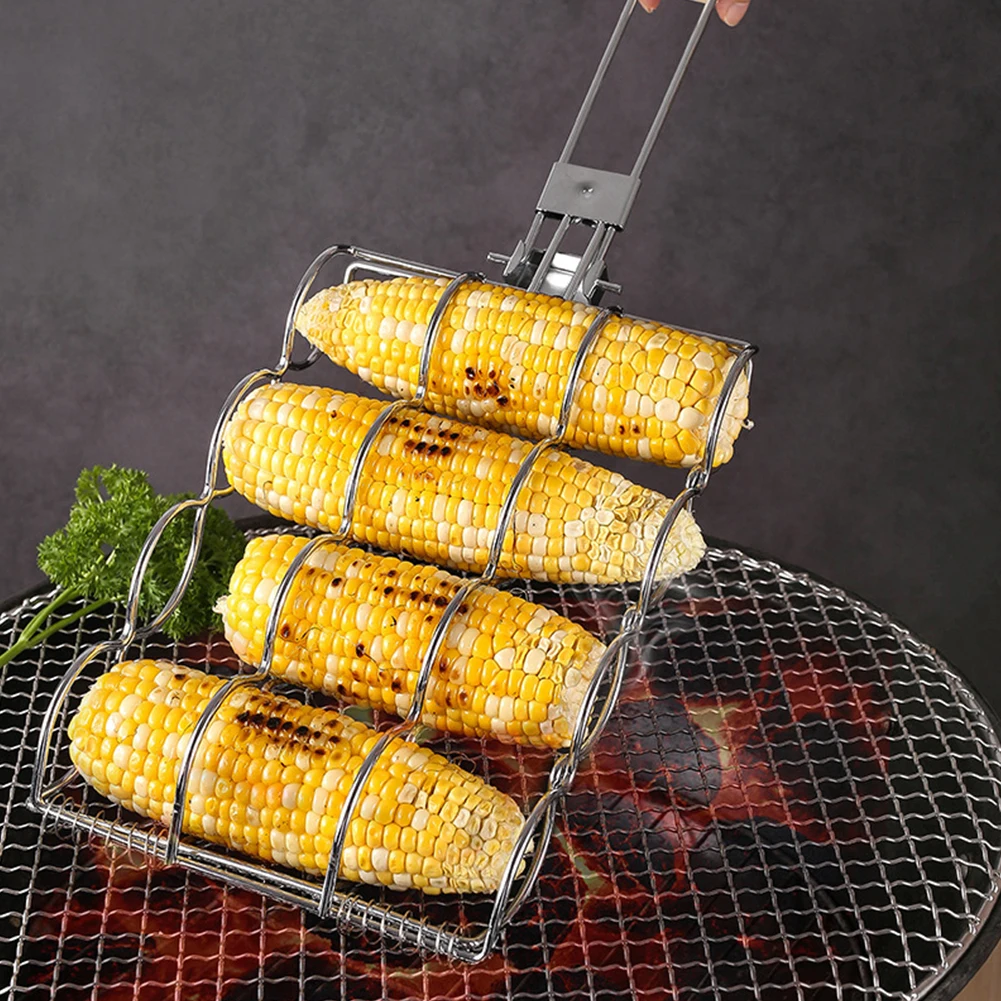 Filet de gril de maïs pliant d'acier inoxydable, pince de saucisse, même distribution de chaleur, gril de barbecue pour griller, cuisine extérieure de camping