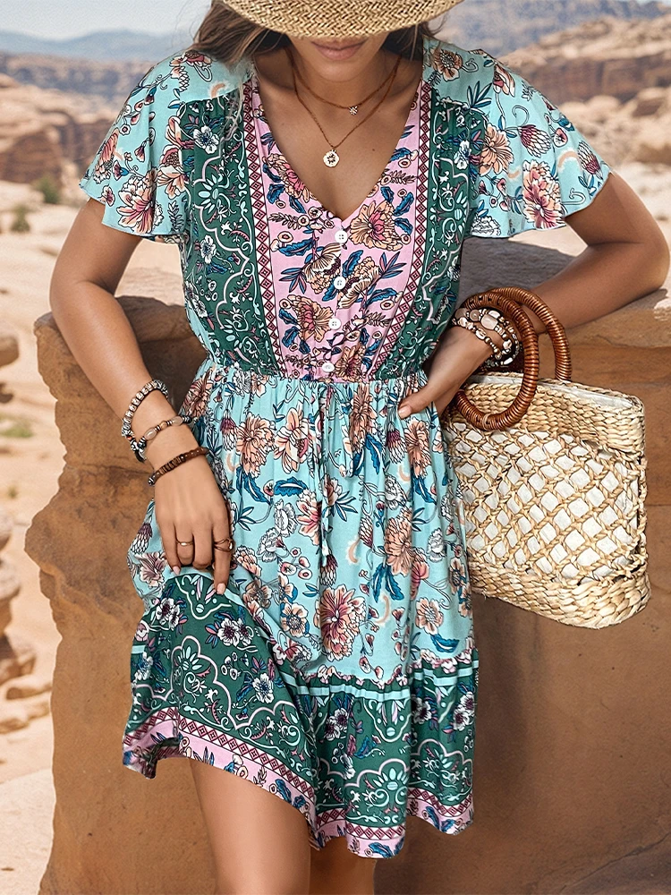 Summer Bohemian Dress Fashionable Printed V-neck Short Sleeves with Flower Tune Waist Ethnic Leisure Vacation Style 2024 Dresser