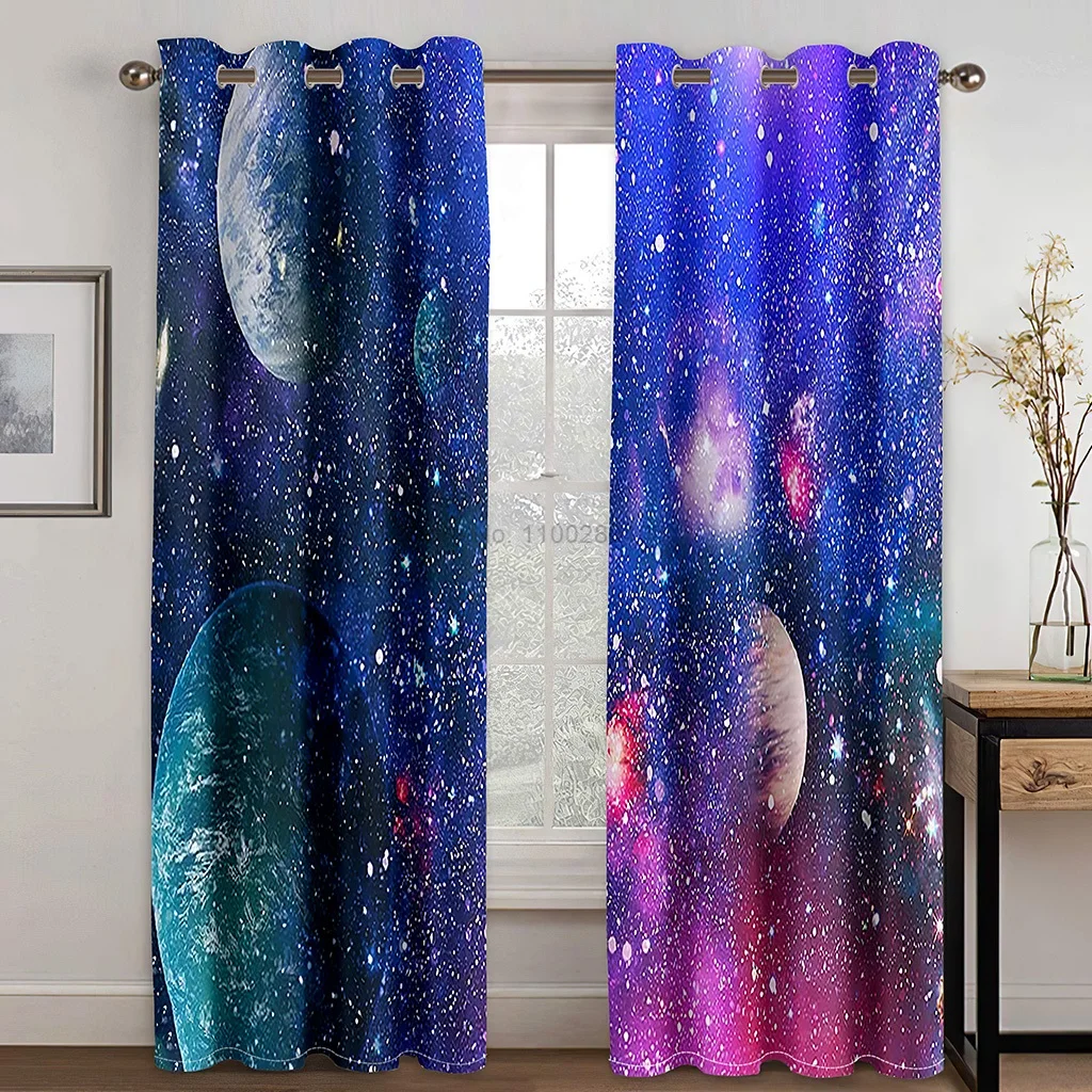 3D Print Cartoon Space Galaxy Star Pattern Thin 80% Shading Window Curtain for Kid Childern Boy Bedroom Living Room Home Hook