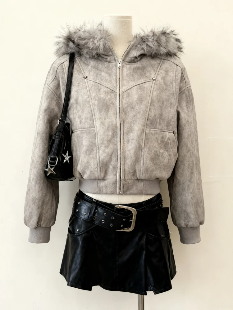 Casual Streetwear Faux Fur Jacket with Hooded Women Subculture Harajuku Vintage Safari Coats Zipper Sweatshirts Y2k Stand Neck