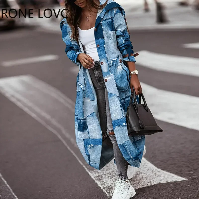 

Women Chic Hooded Patchwork Pattern Long Sleeves X-Long Straight Shirt Jacket Tops
