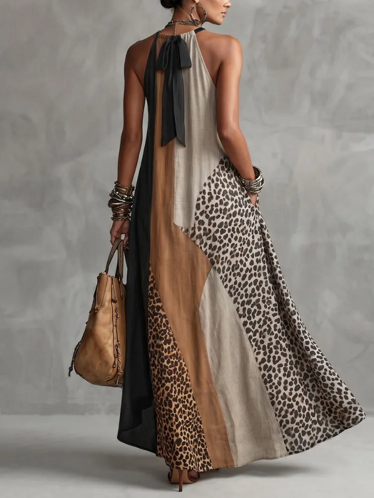 Yeezzi Women's Leopard Color Block Patchwork Halter-Neck Maxi Dresses Sleeveless Loose Asymmetric High Slit Vacation Sundress