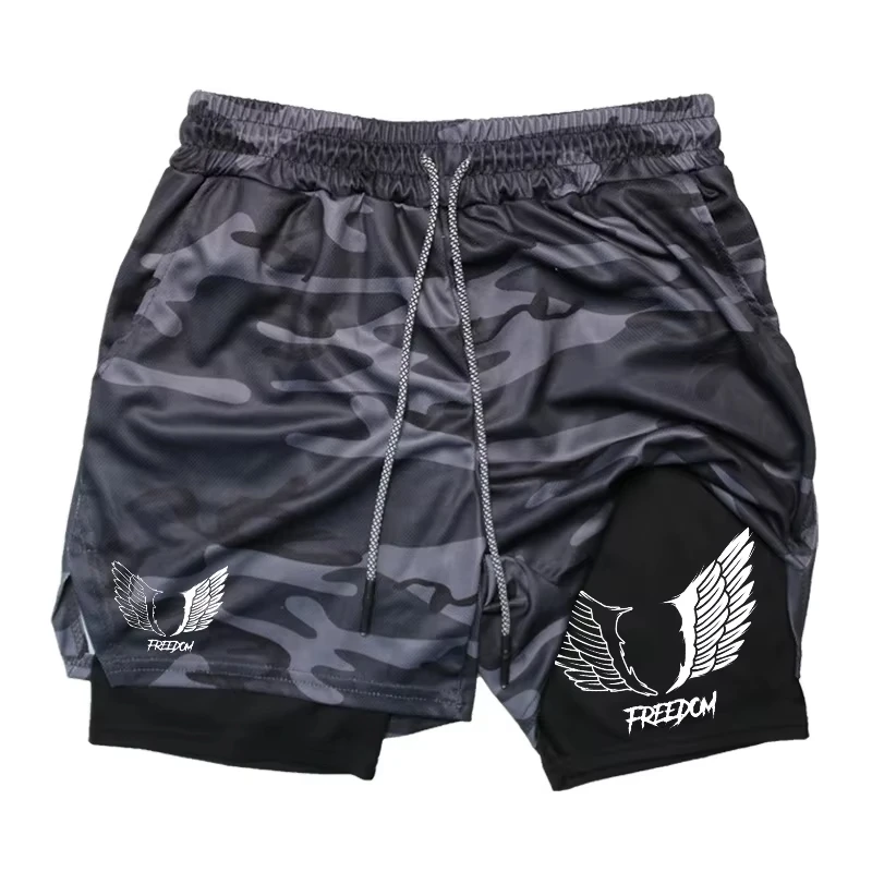 

Graphic 2 in 1 Workout Running Short for Men Gym Athletic Breathable with Phone Pocket Towel Loop Activewear JW10103