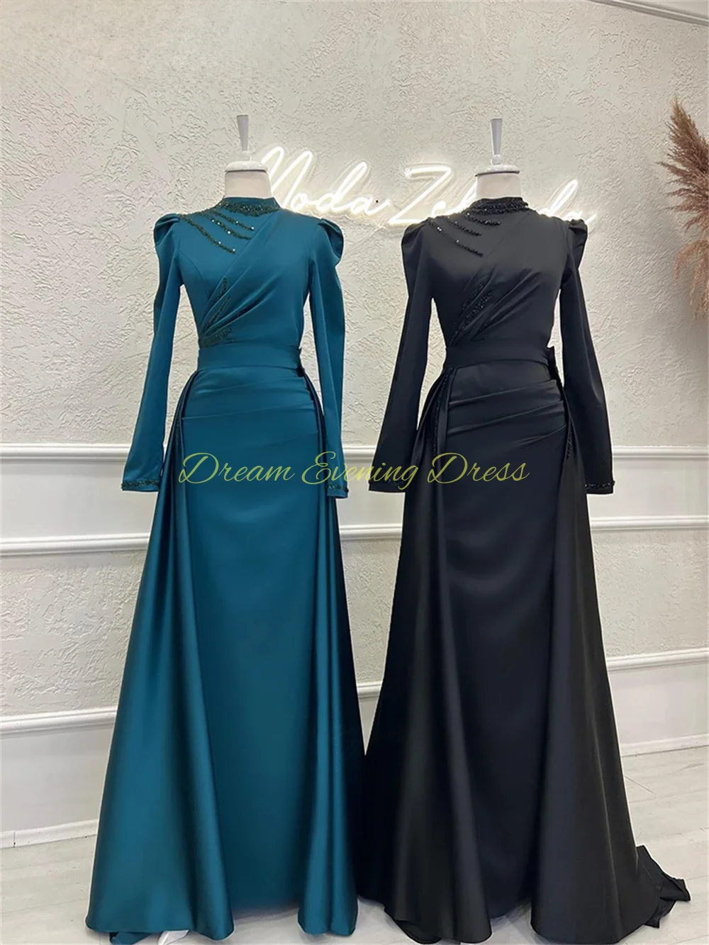 Elegant Dubai Arab Long sleeved High Neck Satin Mermaid Champagne Muslim Evening Dresses with Detachable hem Formal Prom Gown