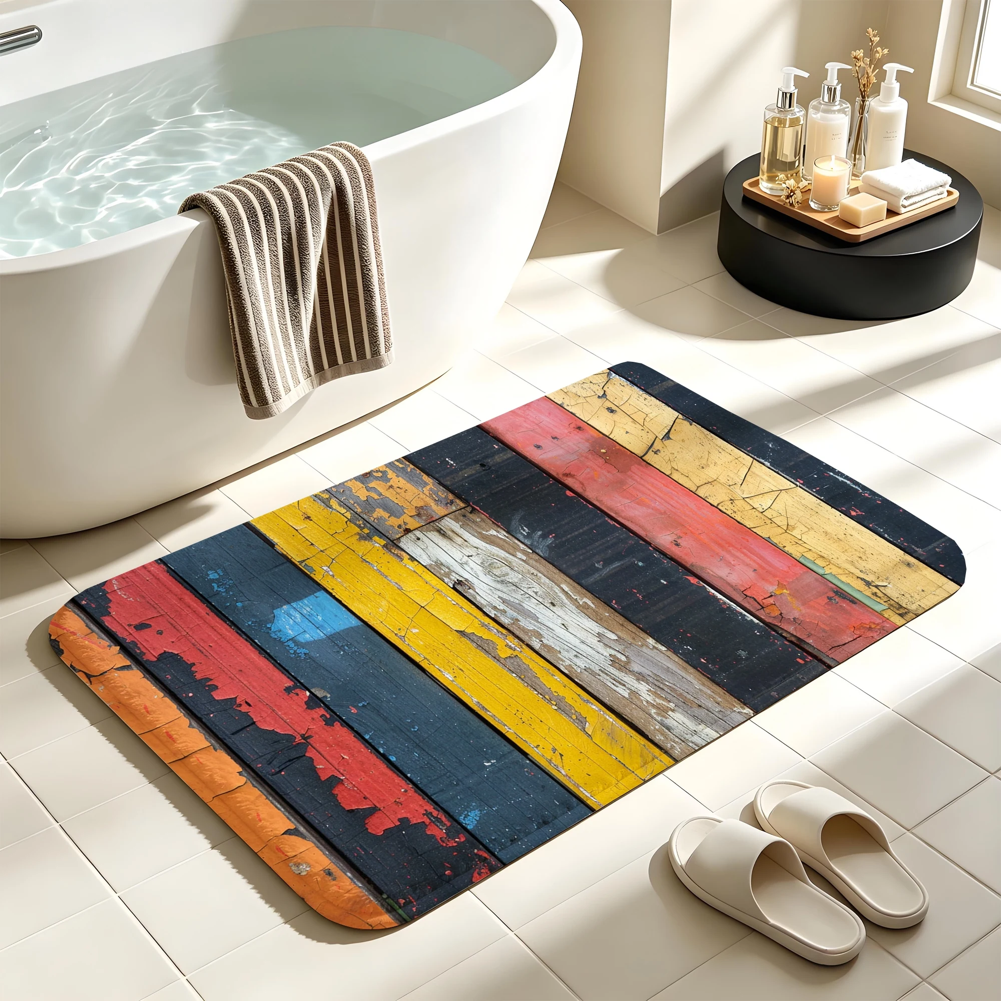 Vintage Cracked Color Stripe Print Short Plush Absorbent Sponge Floor Mat,Bath Non‑Slip Doormat & Decorative Door Mat
