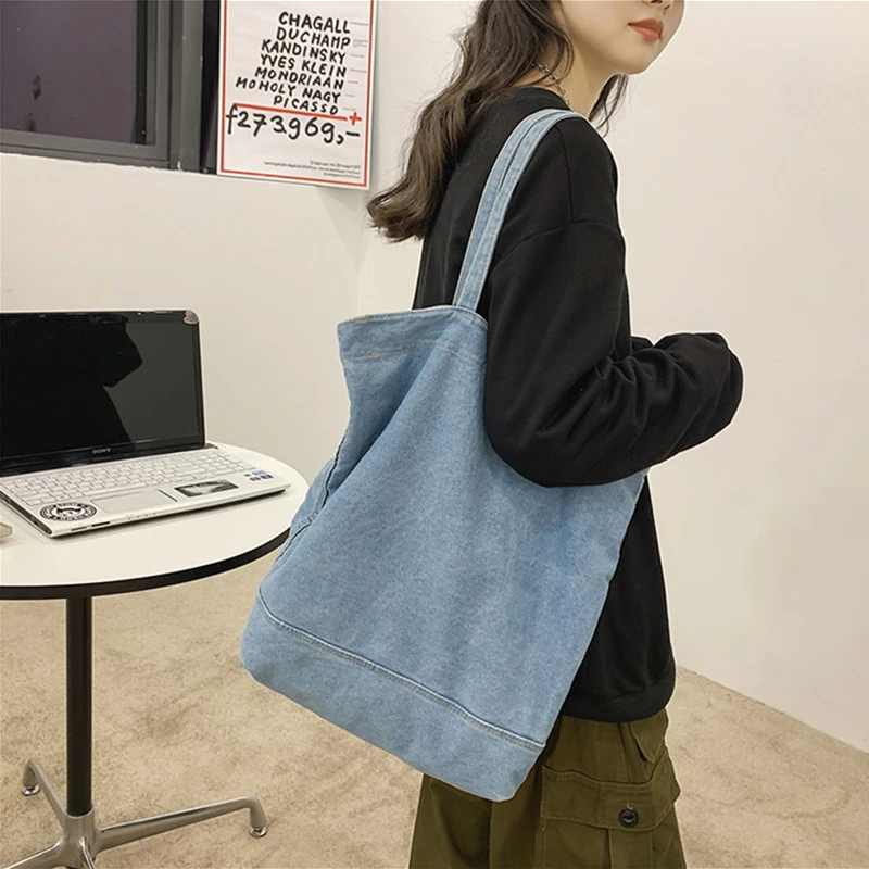 

Women's Large Shoulder Tote Bag Denim Handbags Blue Jean Purse Retro Hobo Travel