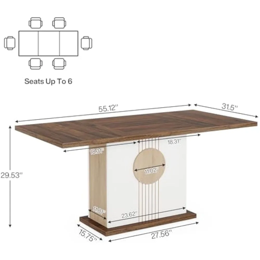 Table à manger rectangulaire de 55 po pour 4 à 6 personnes, table d'appoint en bois pour cuisine, salle à manger et salon, marron chêne et blanc