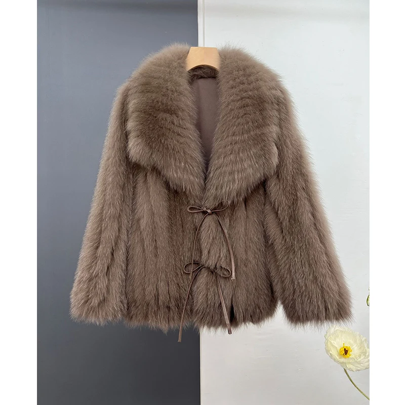 White Real Fur Coat Jacket for Women Fashion Natural Fox Fur Big Turn-down Collar Female Short Lace-up Real Fox Fur Jacket Coat