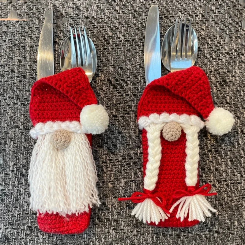 Cross-border sales Handmade crocheted Santa Claus Cutlery storage case Christmas decorating protective cover For Christmas party