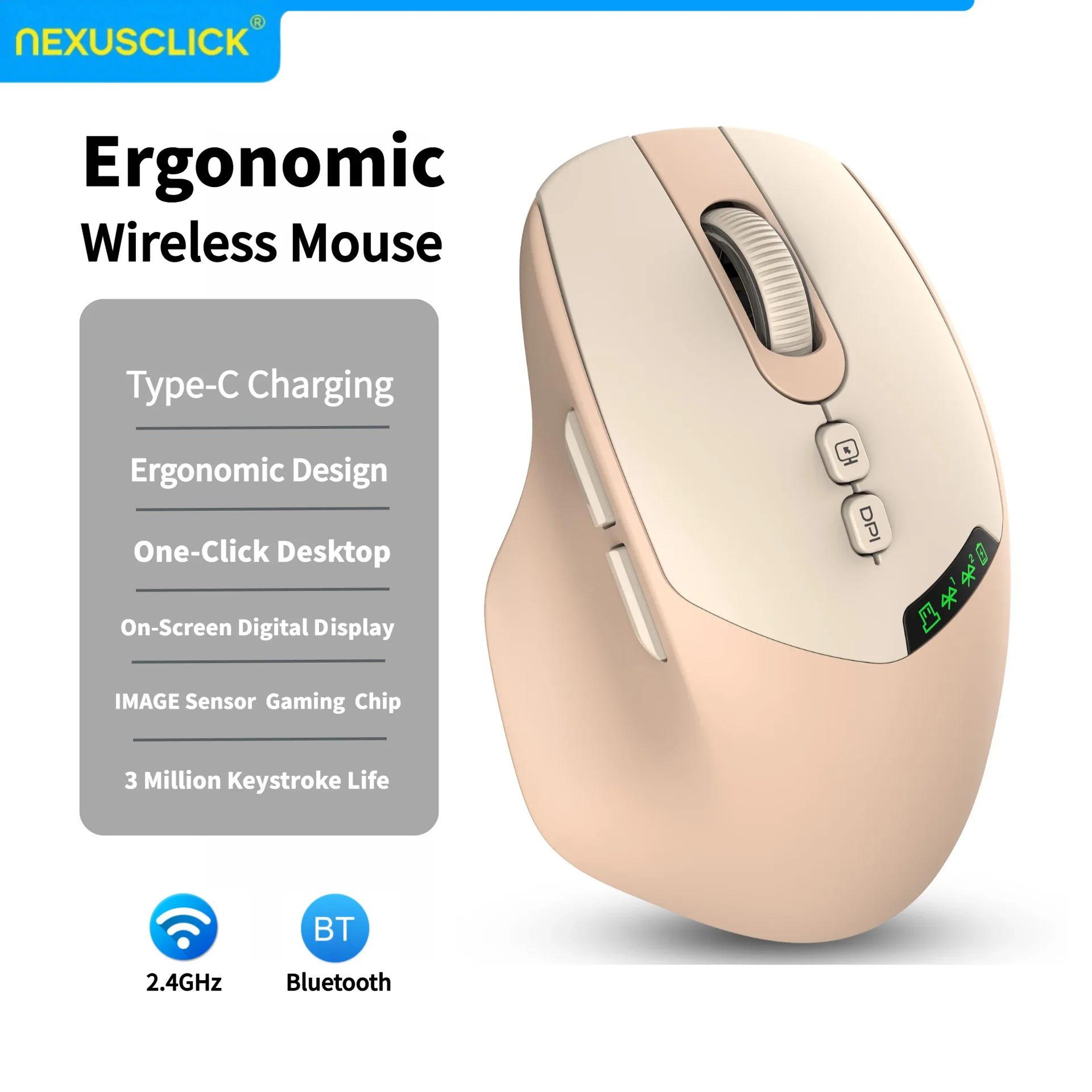 NexusClick 2026 Noiseless Dual Mode Wireless Mouse, Bluetooth Silent Click DPI Adjustable Battery Display Ergonomic For Office