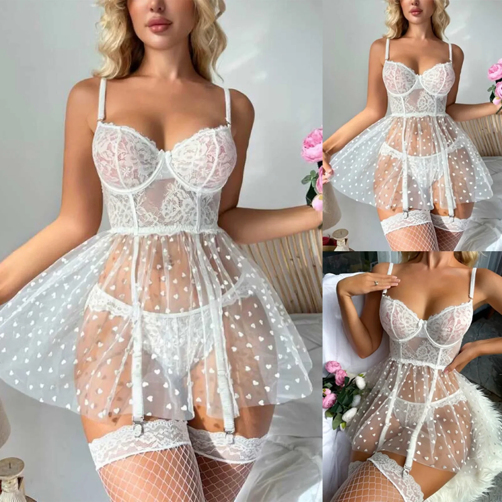 White Crotchless Bodysuits Women Sexy Lingerie Erotic Costume Porn Teddy Babydoll Wedding Dress Openness Women\'S Underwear Set