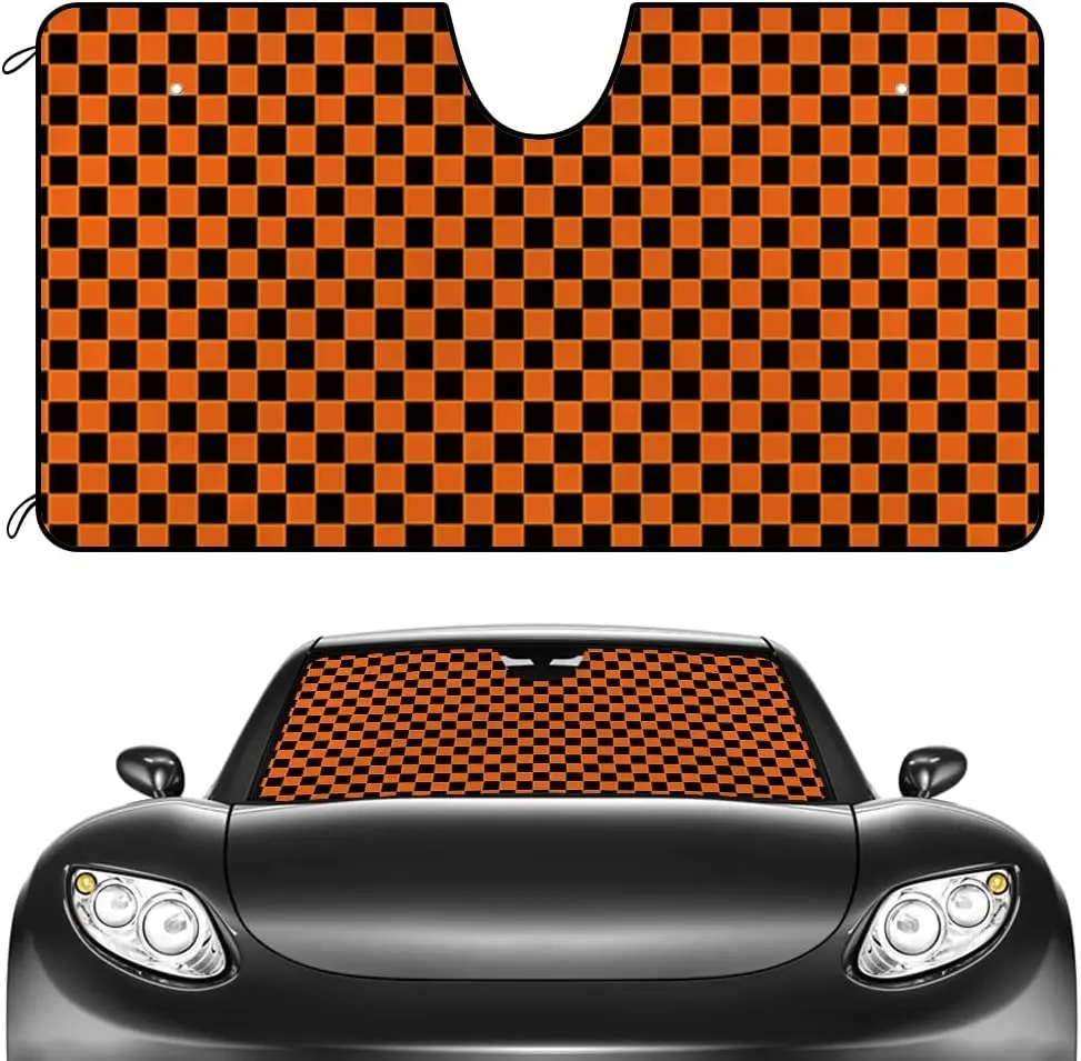 

CafeTime Car Front Windshield Sunshade Orange and Black Plaid Checked Decor Vehicle Sun Shade Visor UV Ray Reflector Sun Protect