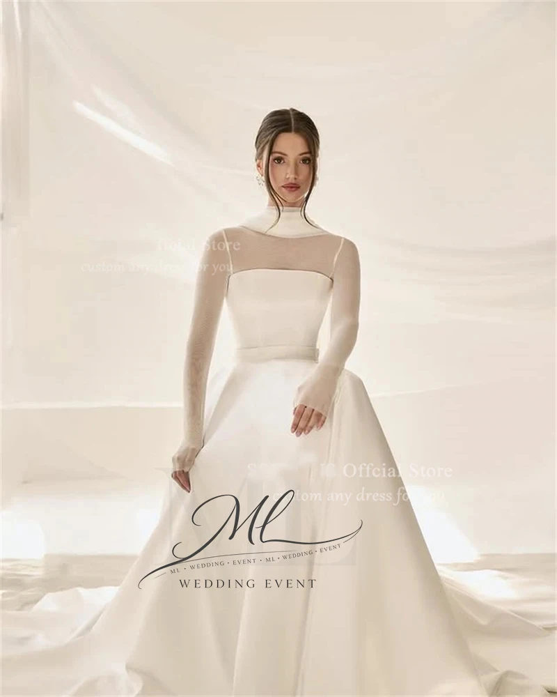 

ML Simple Lady Satin Wedding Dresses High Neck Illusion Full Sleeves Bride Dresses Scarf Women Civil Bridal Gown Customized