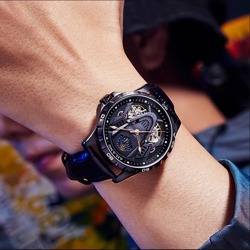 AILANG Men's Luxury Automatic Mechanical Watch Hollow Double Pendulum Flywheel Moon Phase Luminous Wristwatch Reloj Hombre