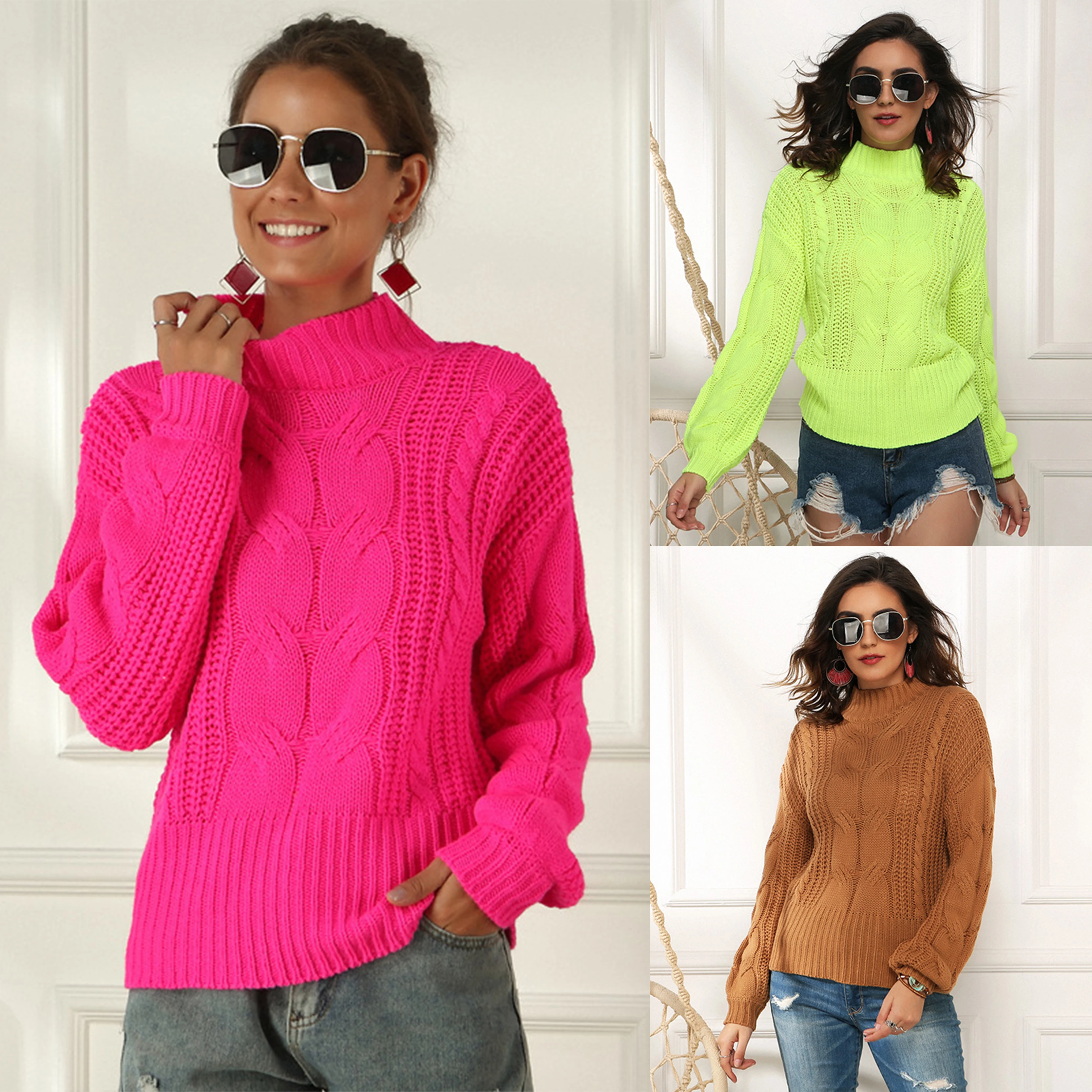 

Women's Fluorescent Color Long Sleeve Sweater Knit Sweater Loose Half Turtleneck Pullover Sweater Autumn And Winter Style